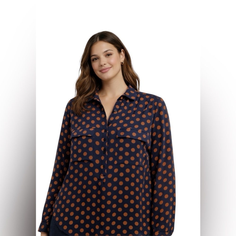 Ann Taylor Navy Blue Polka Dot Long Sleeve Blouse Women’s M